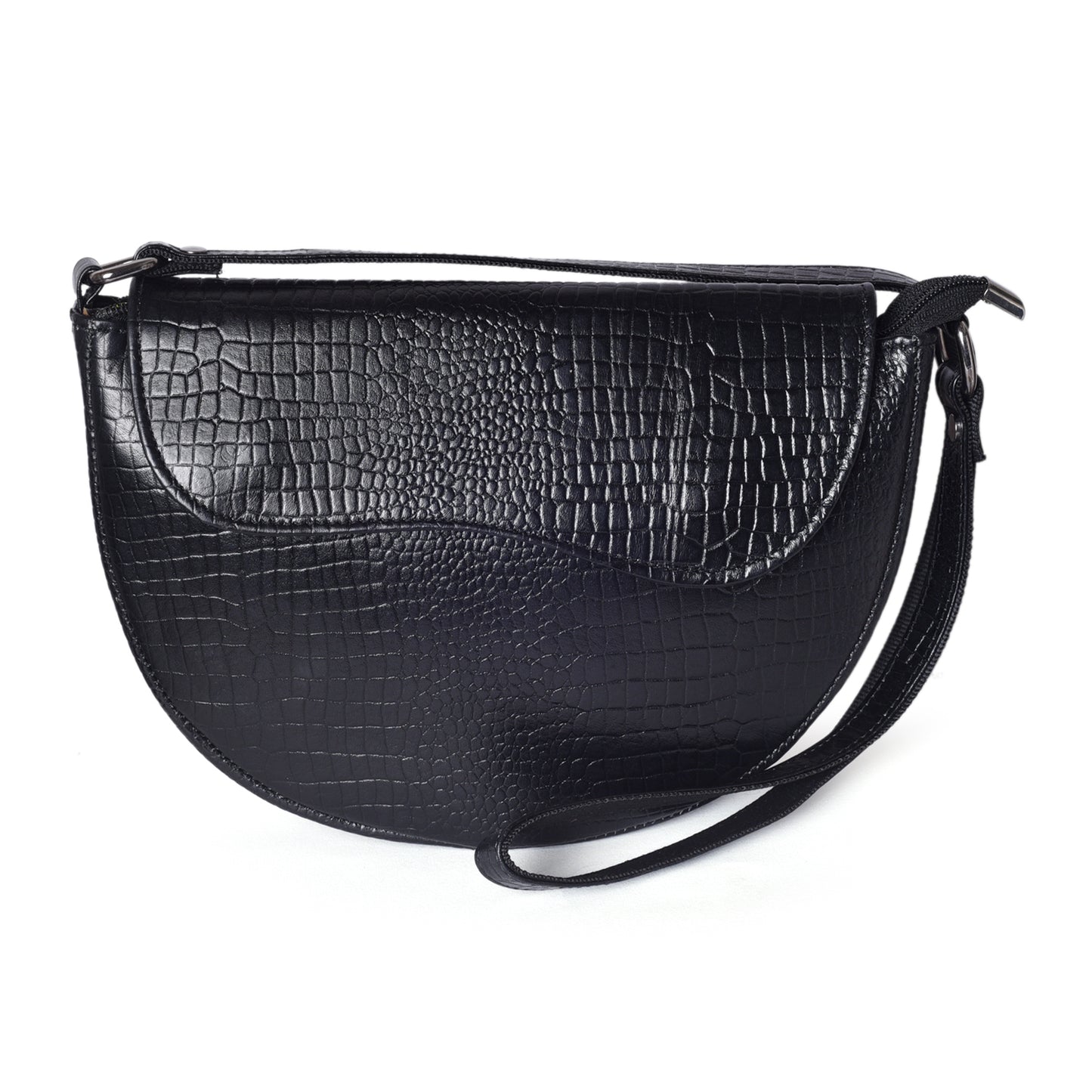 Crescent Black Genuine Leather Hand Bag For Girls and Women